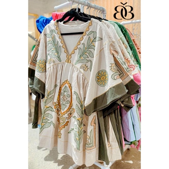 Beige & Green Boho Embroidered V Neck 3/4 Sleeve Babydoll Mini Dress - Picture 16 of 16